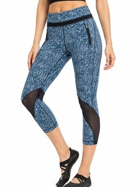 Lululemon Athletica Size 8 Blue Speckled Cropped Mesh Panel Leggings Zip Pockets
